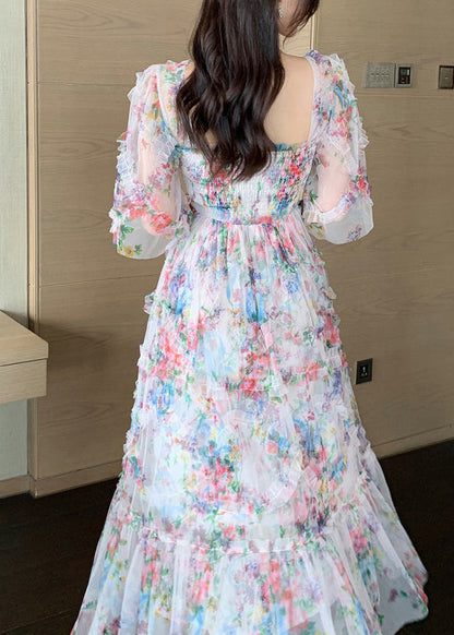 Mode Rosa Rüschen Patchwork Print Tüll Urlaub Kleid Sommer