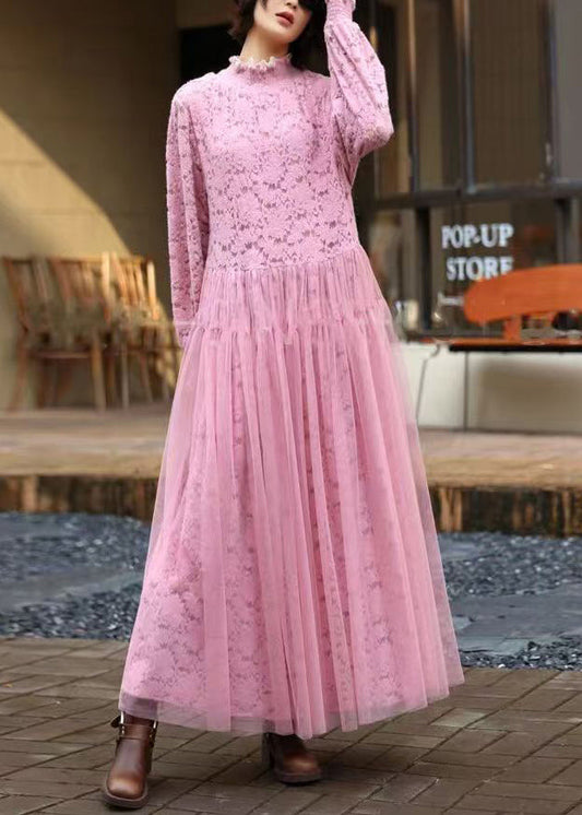 Modisches langes rosa Rüschenkleid aus Tüll-Patchwork-Spitze für den Frühling