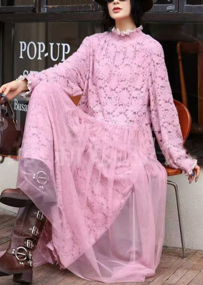Fashion Pink Ruffled Tulle Patchwork Lace Long Dress Spring