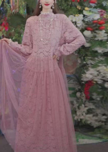 Fashion Pink Ruffled Tulle Patchwork Lace Long Dress Spring