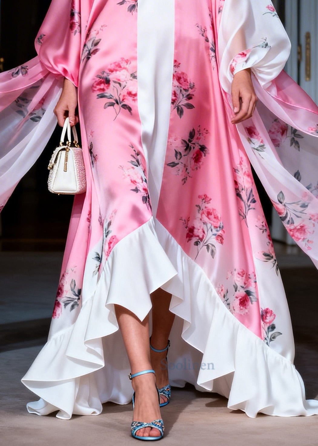Fashion Pink Ruffles Print Exra Large Hem Silk Party Dress Summer