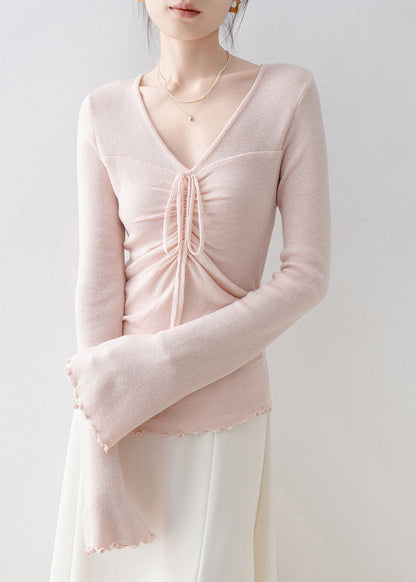 Fashion Pink V Neck Bow Knit Top Flare Sleeve
