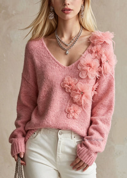 Fashion Pink V Neck Thick Floral Knit Sweaters Fall