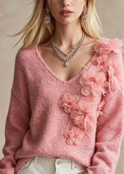 Fashion Pink V Neck Thick Floral Knit Sweaters Fall
