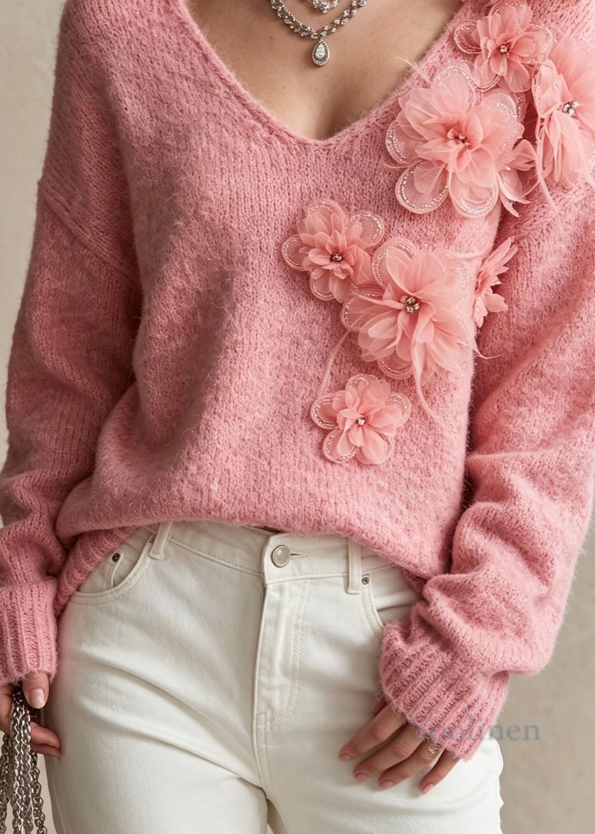 Fashion Pink V Neck Thick Floral Knit Sweaters Fall