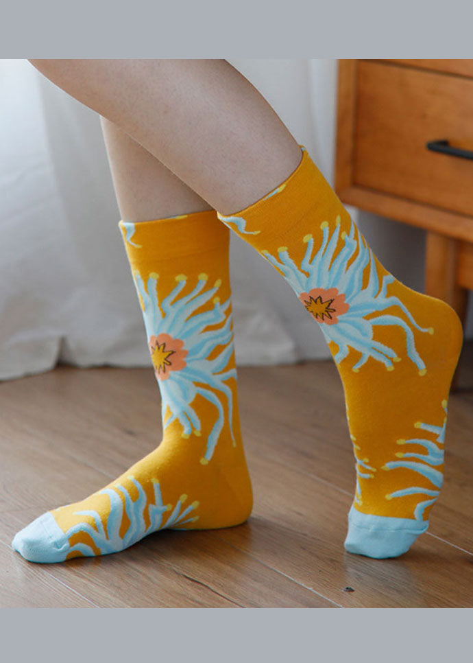 Modische Jacquard-Baumwoll-Crew-Socken mit Pflanzenblumen