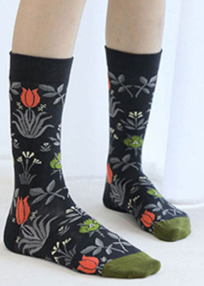 Modische Jacquard-Baumwoll-Crew-Socken mit Pflanzenblumen