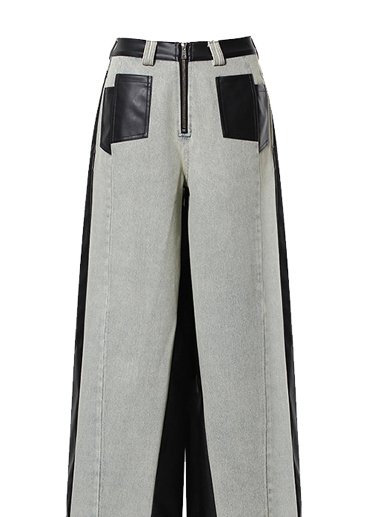Pantalones anchos de mezclilla con parches de cuero sintético y bolsillos de moda para primavera