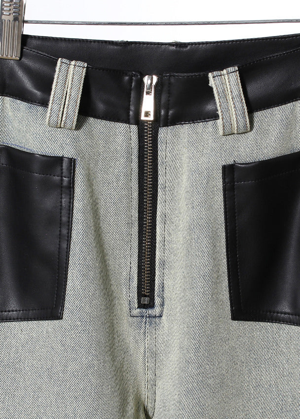 Pantalones anchos de mezclilla con parches de cuero sintético y bolsillos de moda para primavera