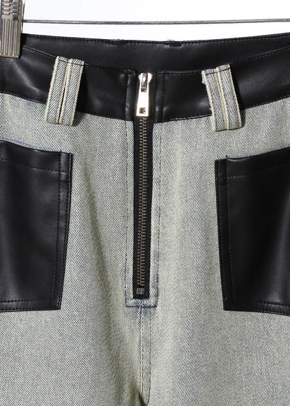 Pantalones anchos de mezclilla con parches de cuero sintético y bolsillos de moda para primavera