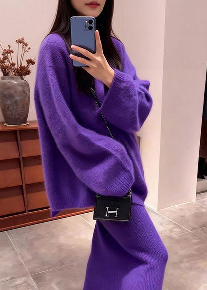 Fashion Purple Backless Bow Knit Two Piece Set Outfits Winter