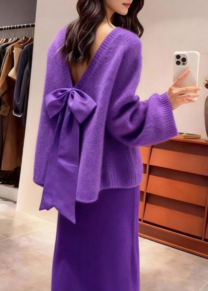 Fashion Purple Backless Bow Knit Two Piece Set Outfits Winter