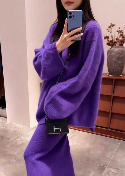 Fashion Purple Backless Bow Knit Two Piece Set Outfits Winter