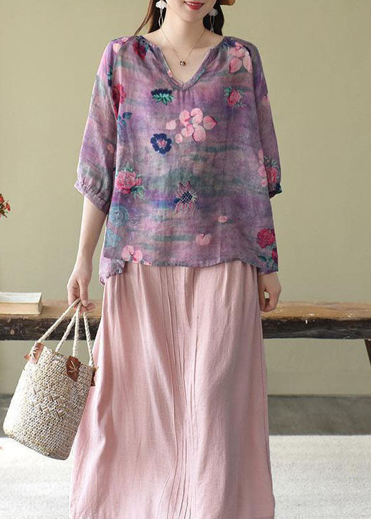 Mode Lila Casual retro Print Herbst Halbarm Shirt Top