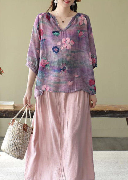 Mode Lila Casual retro Print Herbst Halbarm Shirt Top