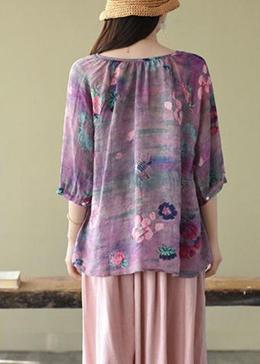 Mode Lila Casual retro Print Herbst Halbarm Shirt Top