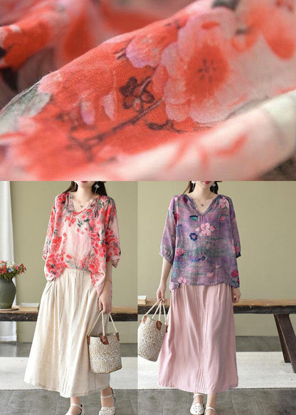 Mode Lila Casual retro Print Herbst Halbarm Shirt Top