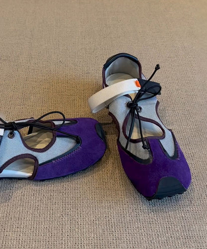 Fashion Purple Hollow Out Lace Up Splicing Flat Shoes For Women