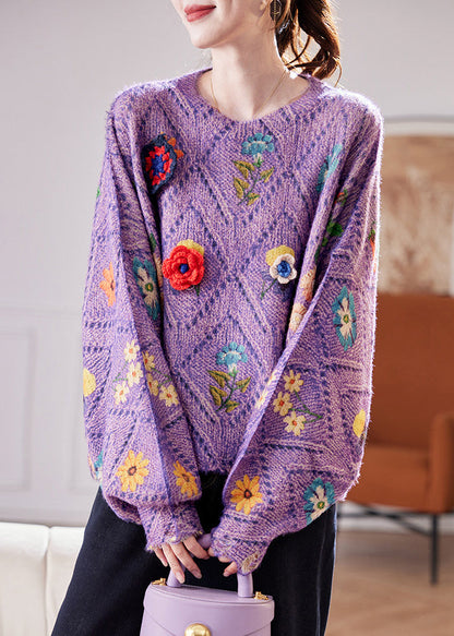 Fashion Purple Oversized Floral Knit Sweaters Fall