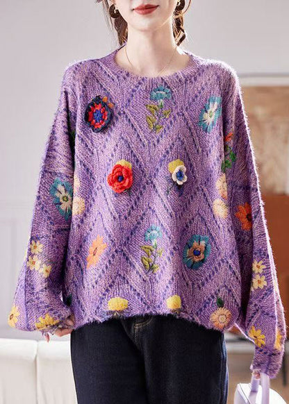 Fashion Purple Oversized Floral Knit Sweaters Fall