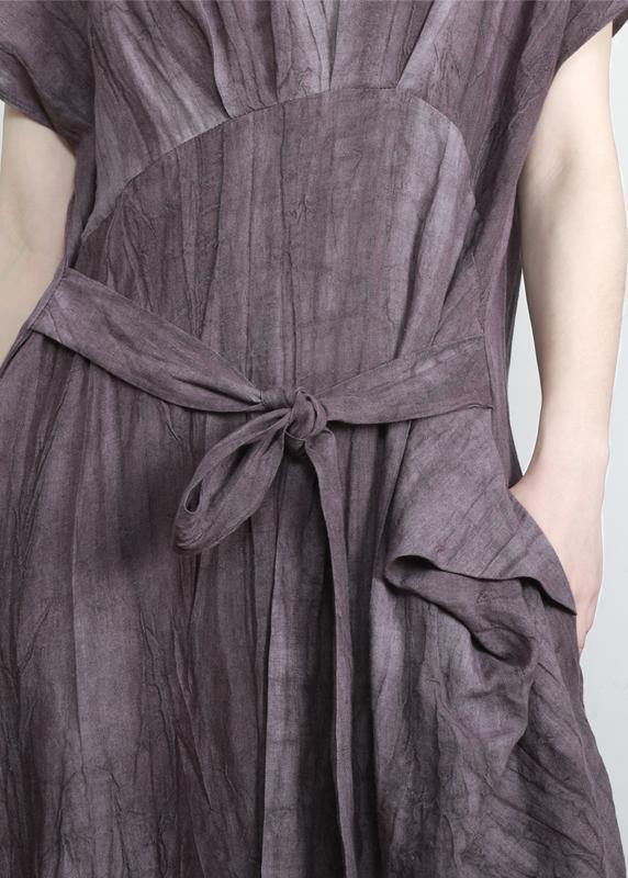 Fashion Purple Pockets Linen Batwing Sleeve Summer Robe Dresses - SooLinen