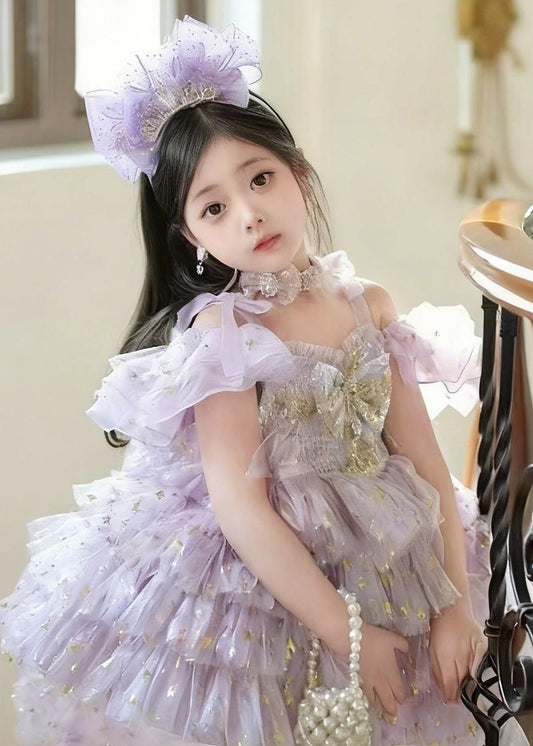 Fashion Purple Sequins Butterfly Tulle Kids Girls Dresses Summer