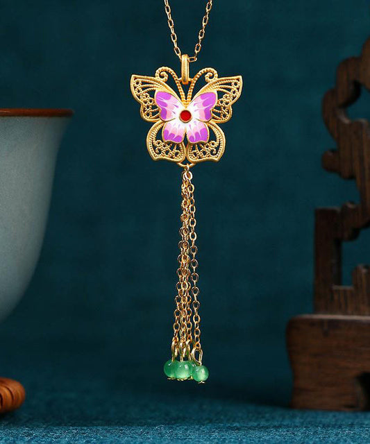 Collar con colgante de mariposa con borla de ágata dorada en plata de ley morada