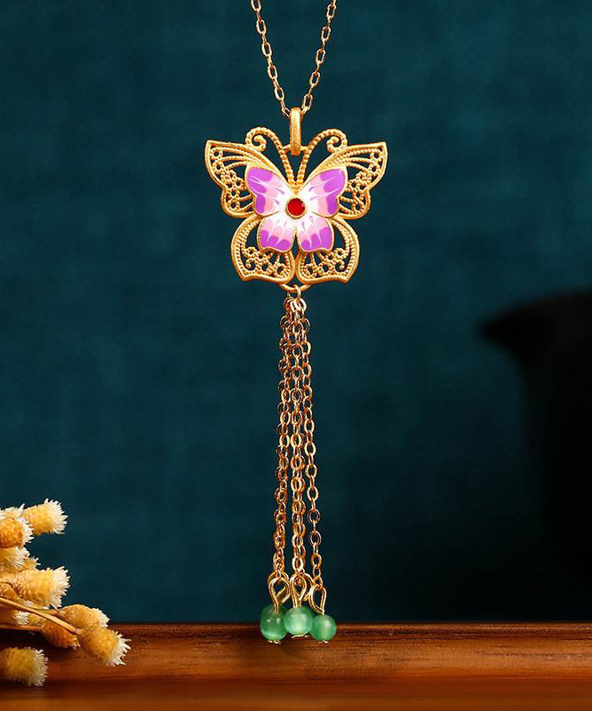 Collar con colgante de mariposa con borla de ágata dorada en plata de ley morada