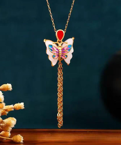 Collar con colgante de mariposa con borla de ágata dorada en plata de ley morada