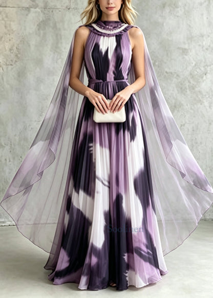 Fashion Purple Tie Dye With Scarf Chiffon Party Dresses Summer