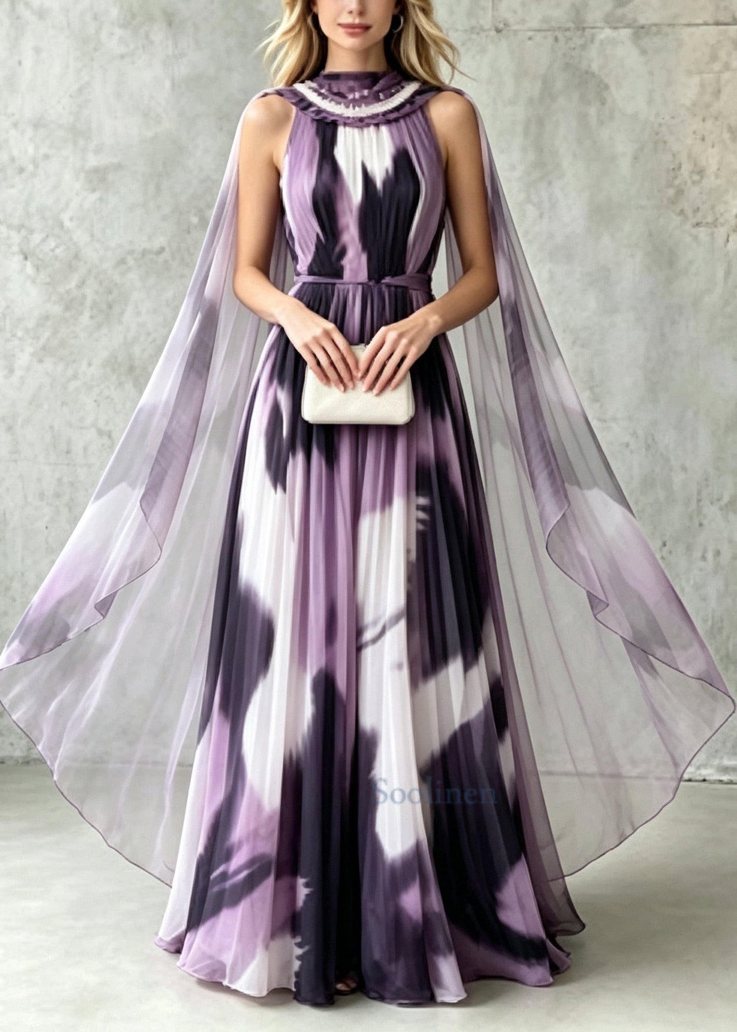 Fashion Purple Tie Dye With Scarf Chiffon Party Dresses Summer