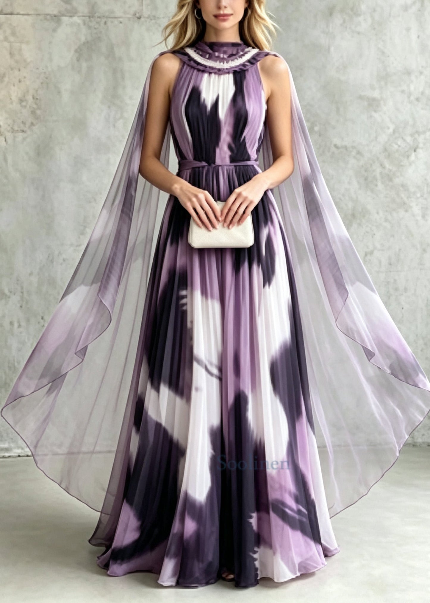 Fashion Purple Tie Dye With Scarf Chiffon Party Dresses Summer