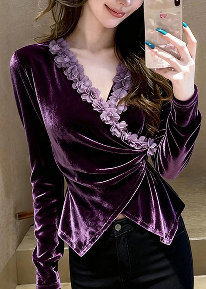 Fashion Purple V Neck Floral Velour Shirts Spring