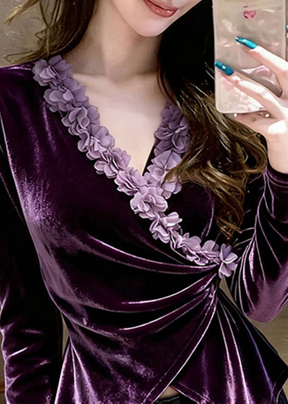Fashion Purple V Neck Floral Velour Shirts Spring