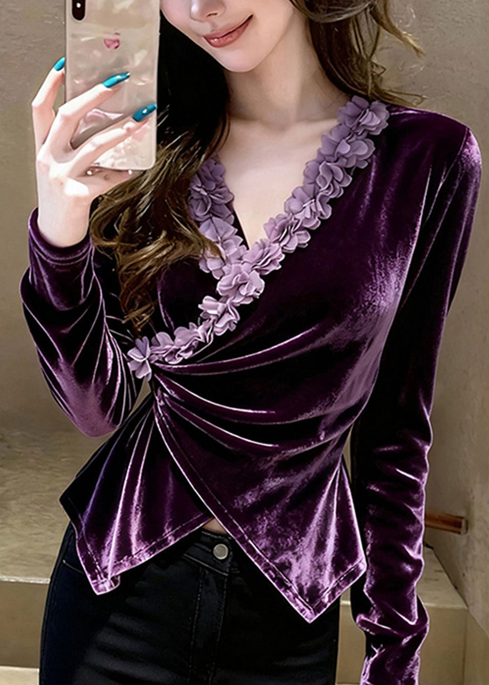 Fashion Purple V Neck Floral Velour Shirts Spring