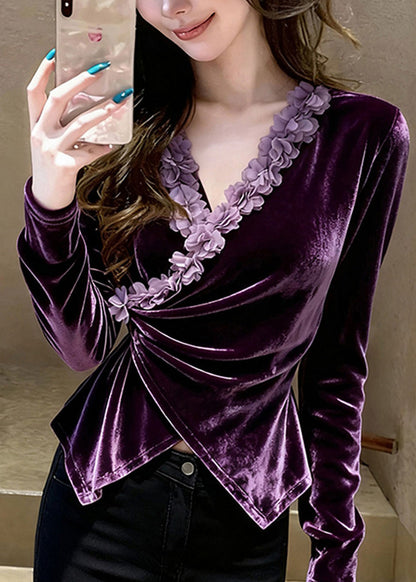 Fashion Purple V Neck Floral Velour Shirts Spring