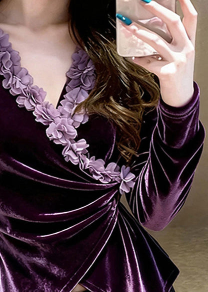 Fashion Purple V Neck Floral Velour Shirts Spring