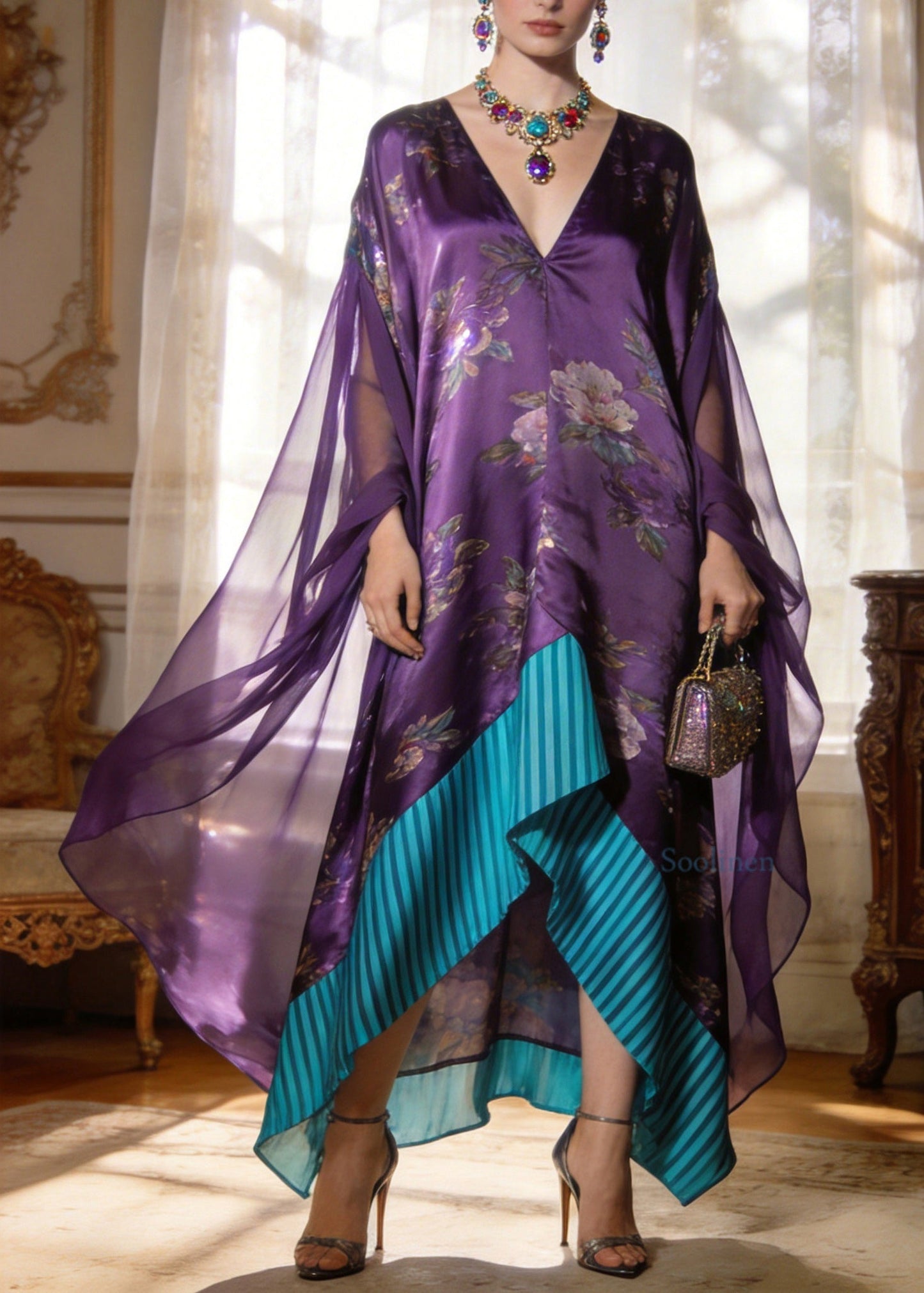 Fashion Purple V Neck Print Asymmetrical Patchwork Silk Mini Dresses Summer