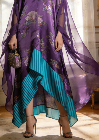 Fashion Purple V Neck Print Asymmetrical Patchwork Silk Mini Dresses Summer