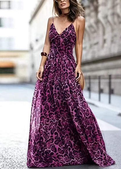 Fashion Purple V Neck Print Chiffon Sundress Summer