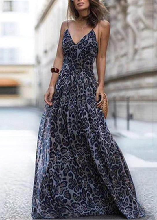 Fashion Purple V Neck Print Chiffon Sundress Summer