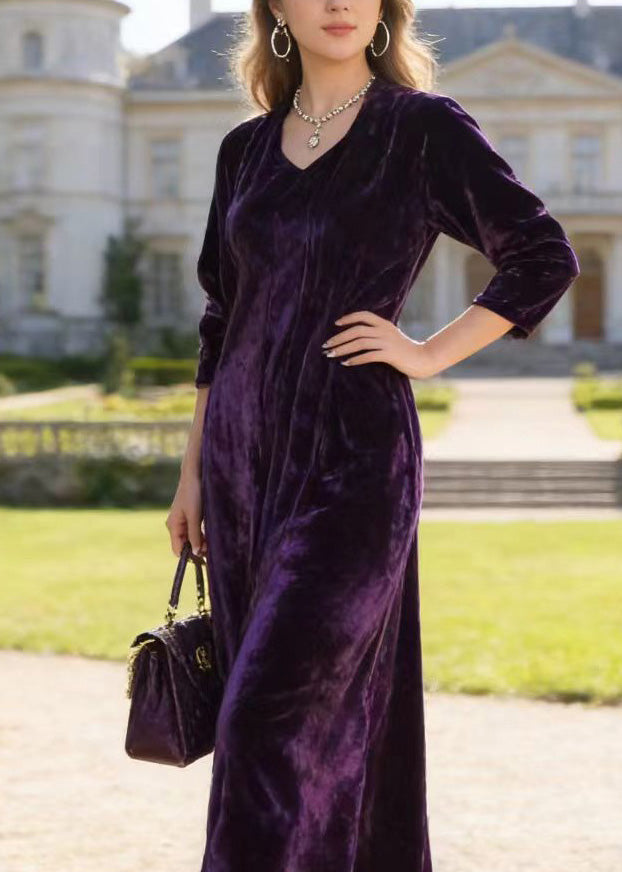 Fashion Purple V Neck Print Loose Velvet Dress Spring