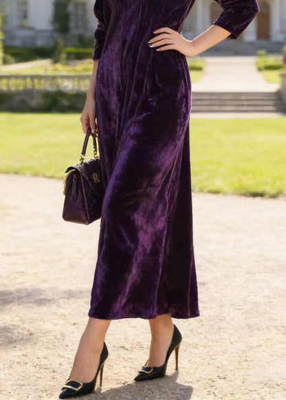Fashion Purple V Neck Print Loose Velvet Dress Spring