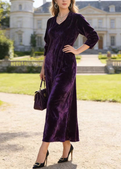 Fashion Purple V Neck Print Loose Velvet Dress Spring