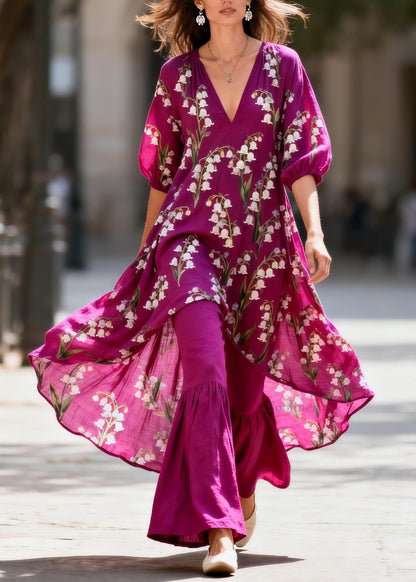 Fashion Purple V Neck Print Tops And Pants Cotton Two Piece Set Summer