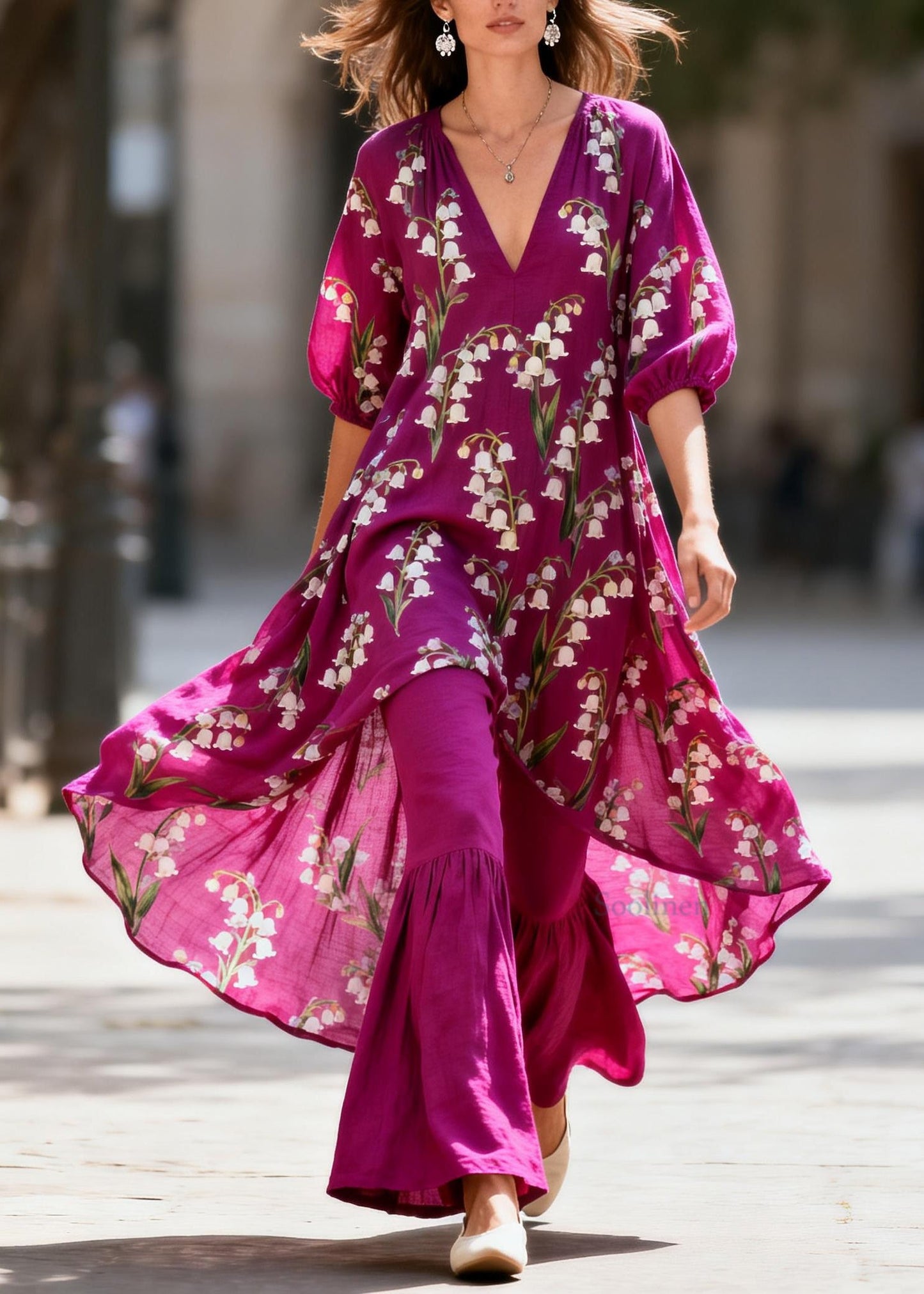 Fashion Purple V Neck Print Tops And Pants Cotton Two Piece Set Summer