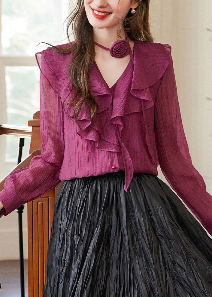 Fashion Purple V Neck Ruffled Patchwork Removable Floral Shirts Spring