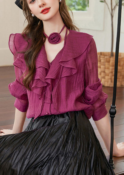 Fashion Purple V Neck Ruffled Patchwork Removable Floral Shirts Spring