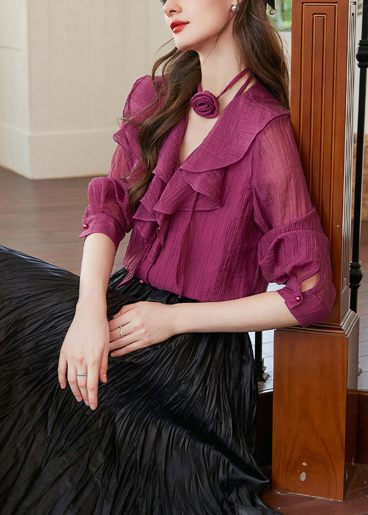 Fashion Purple V Neck Ruffled Patchwork Removable Floral Shirts Spring