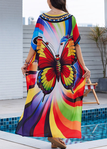 Fashion Rainbow Butterfly Print Side Open Maxi Dress Summer